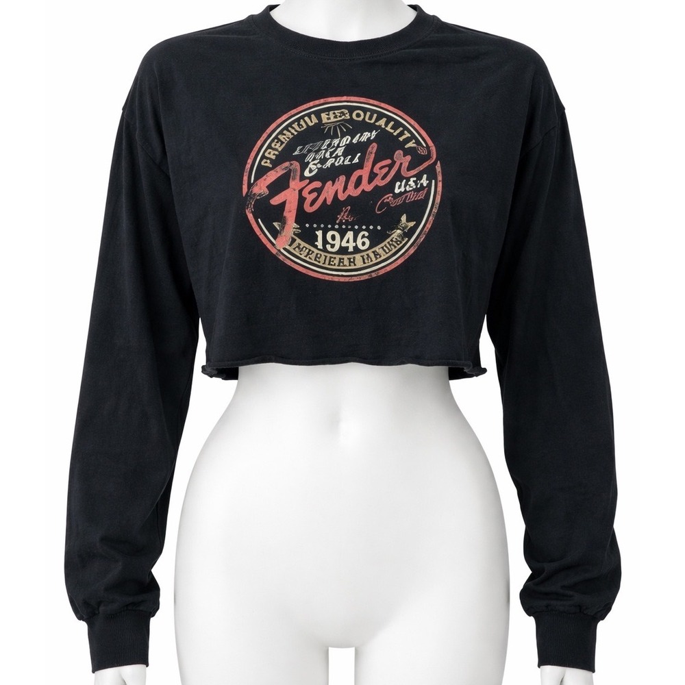 Fender Guitar‎ Cropped Graphic Tee Shirt Womens L Black Long Sleeve Raw Hem